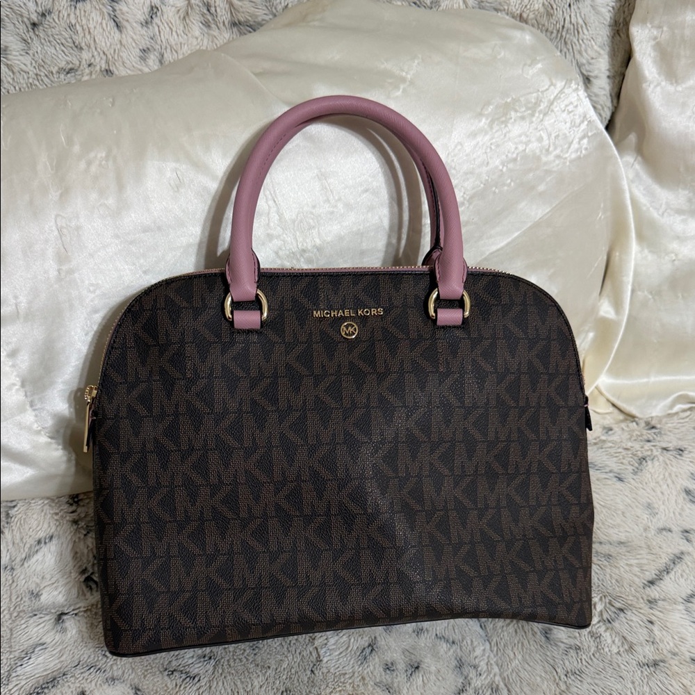 Michael Kors Brown MK Monogram Dome Satchel with Pink Handles